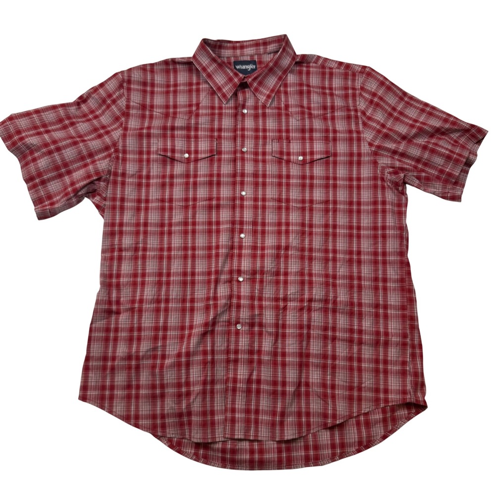 Wrangler Mens Red Plaid‎ Short Sleeve Western Pearl Snap Shirt Large XL